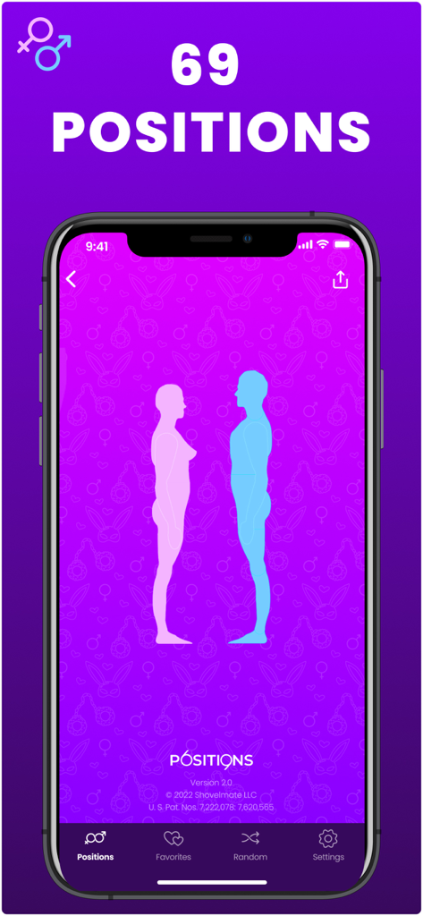 69 Positions - Sex Positions - 69 ポジション アプリのスクリーンショット。紫色のテーマのインターフェースで、男性と女性のシルエットが特徴。