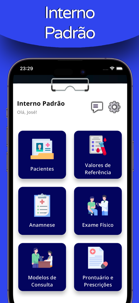 Interno Padrão - Interno Padrao medical app home screen showing clinical tools for patient records reference values and consultation models