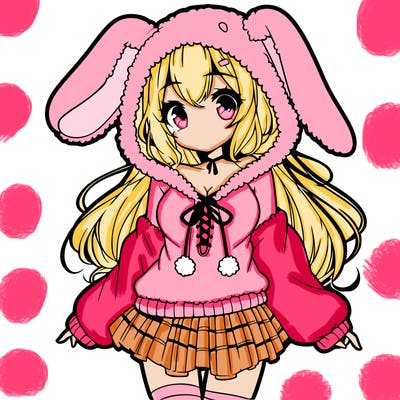 pretty anime girl wearing a fluffy hoodie with bunny ears on the hood and a skirt