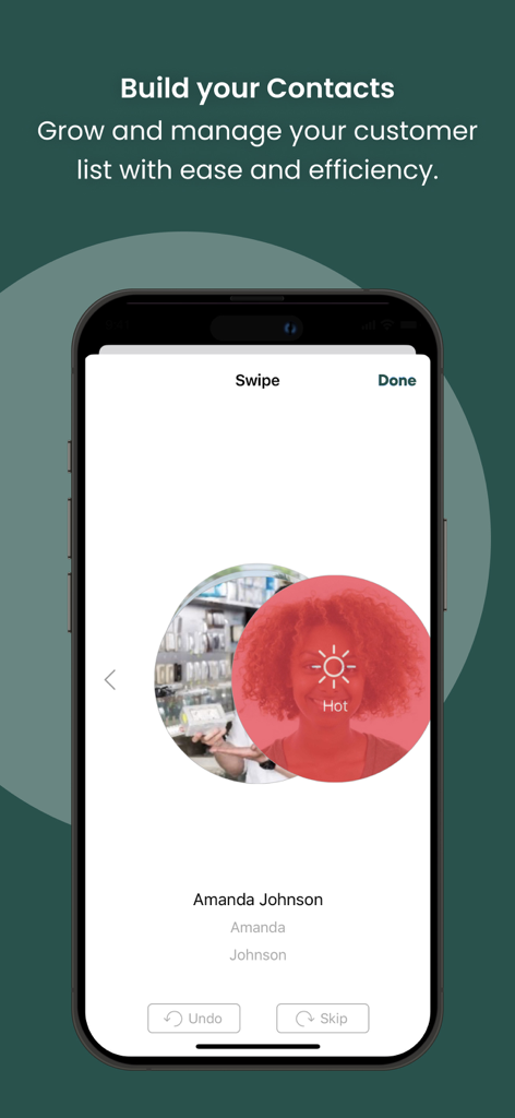 Partner.Co Share - L'interface de l'application Partner.Co Share montrant la fonctionnalité de balayage pour trier pour construire et gérer une liste de contacts clients.