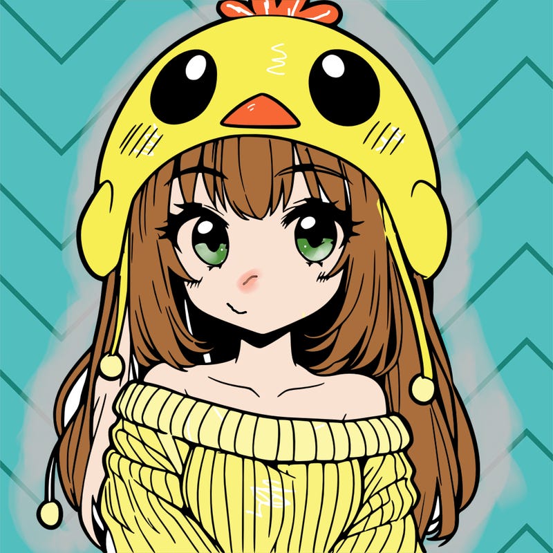 anime girl with chick shaped hat with sweater with bare shoulders with bangs covering them one eye with low tail