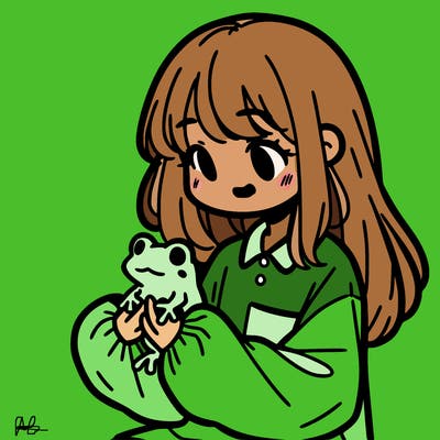 girl with long hair and a oversized shirt. and she is holding a frog