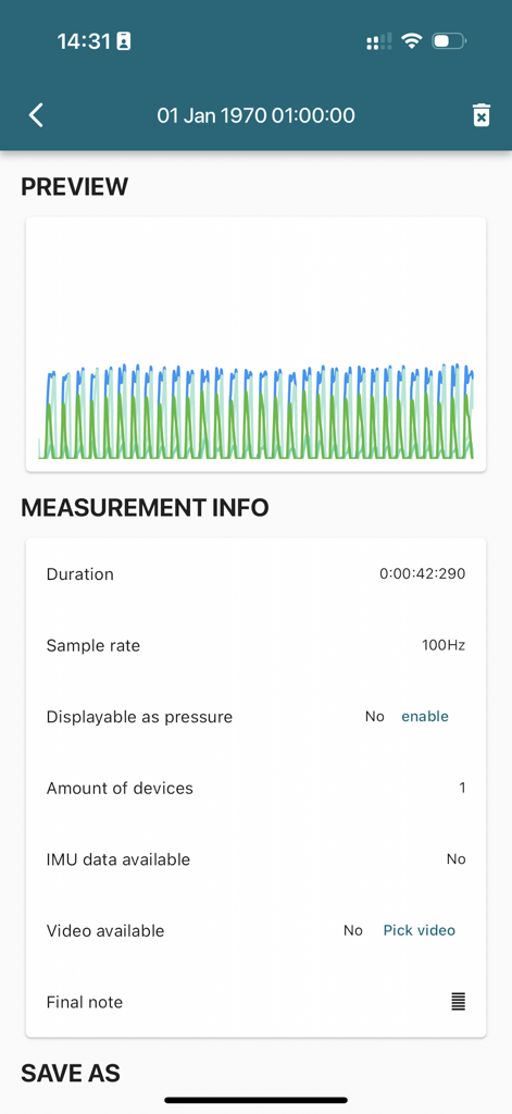 loadapp - A screenshot of the loadapp interface showing a force-time graph preview and measurement data details like duration and sample rate