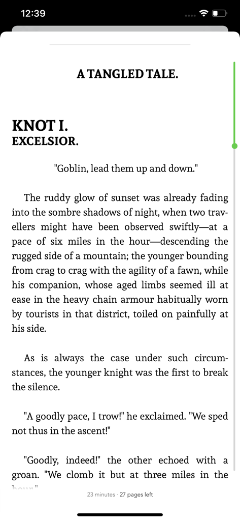 A minimalist reading interface displaying text from the novel A Tangled Tale with a progress bar and time remaining indicator