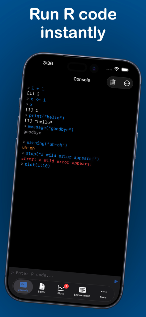 iPhone screen displaying the webRios app interactive console with R code execution and output