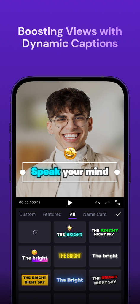 Zeemo:AI Video & Caption Tool - Una pantalla de aplicación móvil que muestra los estilos de subtítulos dinámicos de Zeemo aplicados a un vídeo de una persona sonriendo