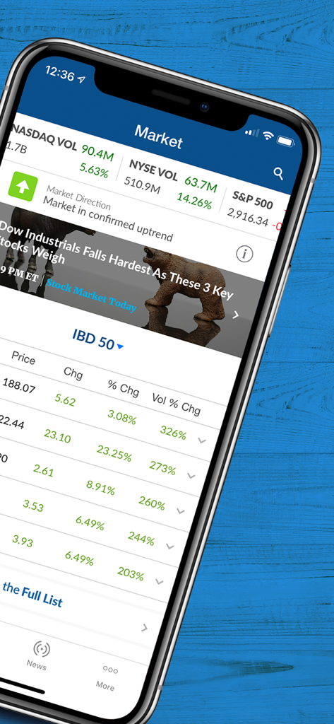 Tableau de bord du marché sur l'application Investor's Business Daily présentant les indices boursiers et les données IBD 50.
