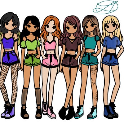 a group of girls wearing crop tops and shorts