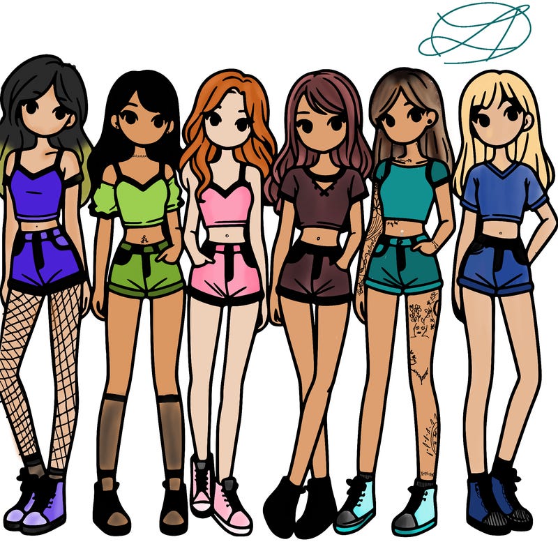 a group of girls wearing crop tops and shorts
