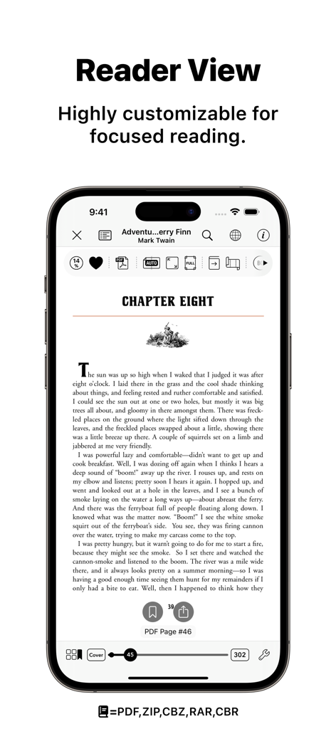 Booklover - eBook Reader - Booklover app reader view showing the highly customizable interface for reading a PDF on an iPhone.