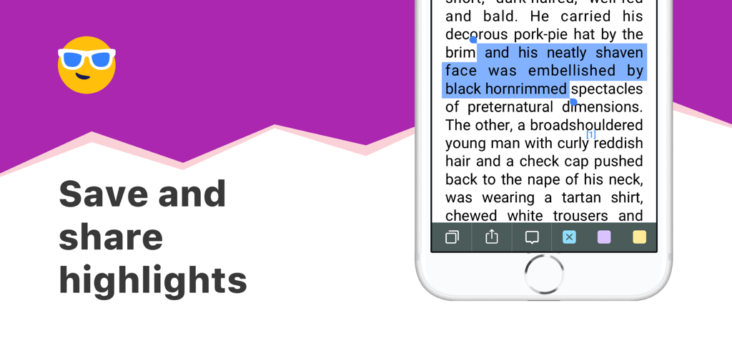 Screenshot of the eBoox app showing the text highlighting and sharing feature on a mobile device