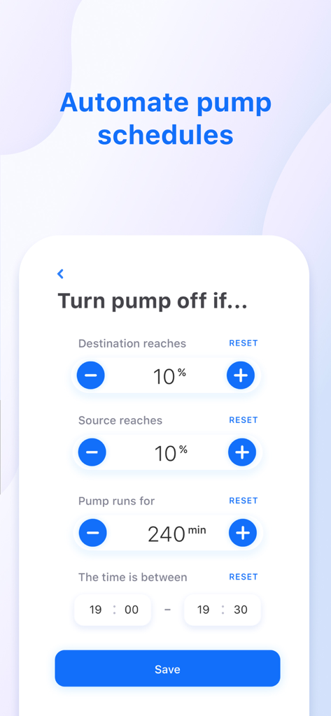 A mobile interface for setting automatic water pump schedules and shut off conditions based on tank levels and time