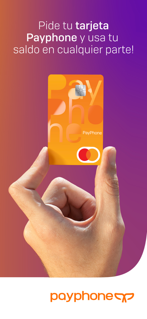 Payphone: App para cobrar - Una mano sosteniendo una Mastercard Payphone de color naranja brillante contra un fondo degradado púrpura con texto promocional en español.