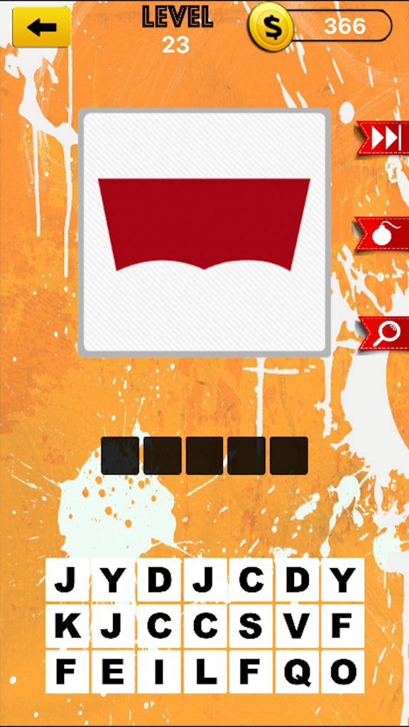 Gameplay screen of Brand Logo Quiz showing a level featuring the Levi's red batwing logo and a letter selection grid.