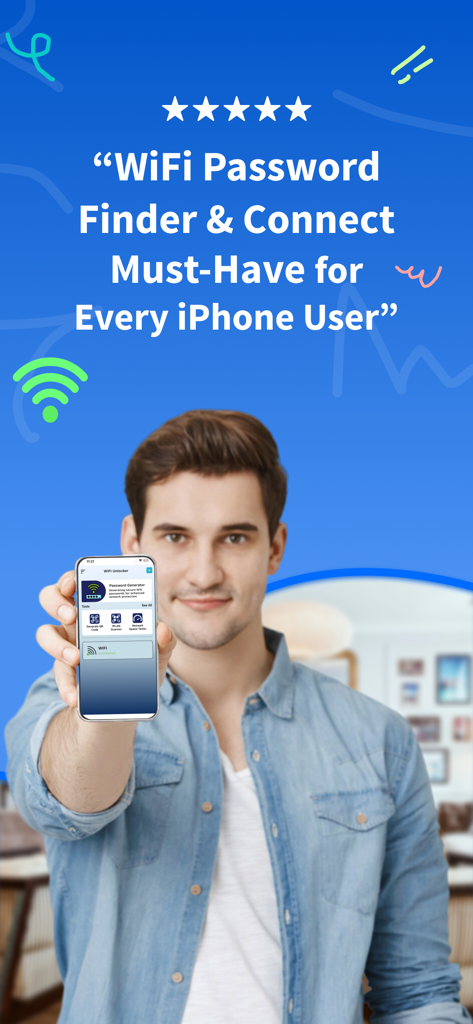 WiFi Password Finder & Connect - A man holding an iPhone showing the interface of the WiFi Password Finder and Connect app