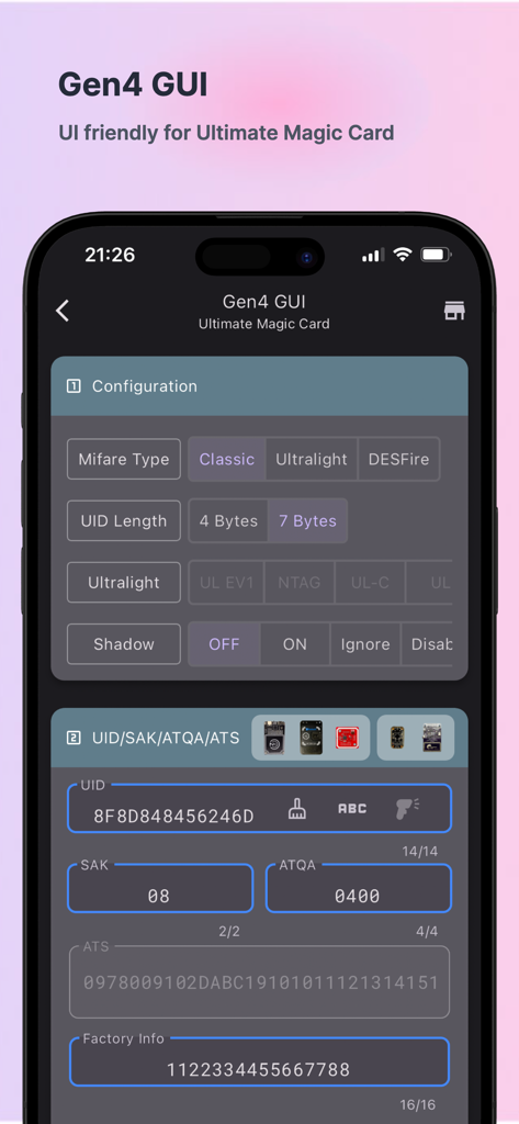 MTools BLE RFID Reader - Gen4 GUI interface for configuring Ultimate Magic Cards and RFID tag settings