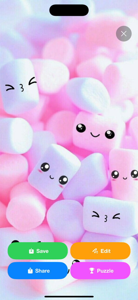 Wallpapers HD: 4K Themes - Un fondo de pantalla de malvavisco kawaii rosa y blanco mostrado en la aplicación con opciones para guardar, editar, compartir y jugar un puzzle.
