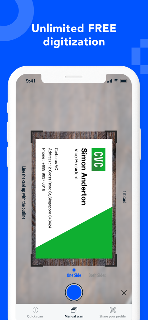 Eight: Business Card Manager - Eight App-Oberfläche zeigt das Scannen von Visitenkarten zur kostenlosen Digitalisierung