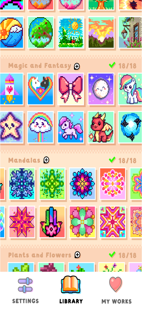 Color by Number - Painting - Library screen showing various pixel art designs organized by categories like Mandalas and Magic and Fantasy.