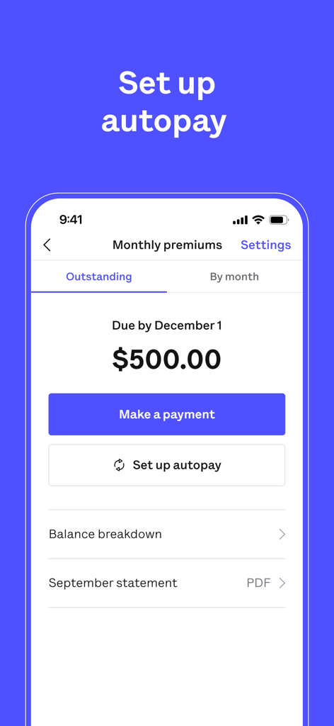 Tela de pagamentos mensais no aplicativo Oscar Health com opções para fazer um pagamento e configurar o pagamento automático