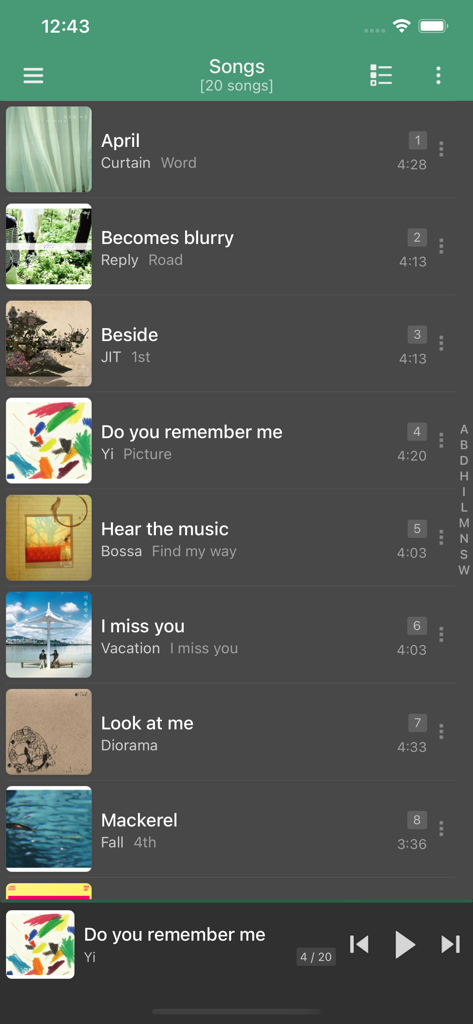 Song list view in jetAudio Hi-Res Music Player showing music library and mini-player
