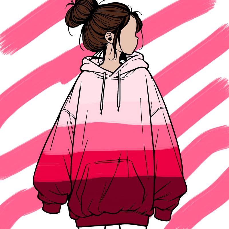 realistic girl with a oversized sweatshirt on and a bun
