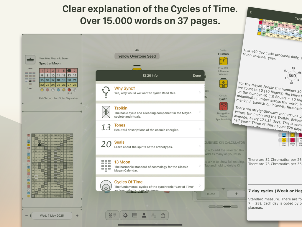 13:20:Sync - DB - A tablet screenshot of the 13-20-Sync app showing the 13-20 information menu with categories like Tzolkin, 13 Tones, and 20 Seals over a Mayan calendar dashboard.