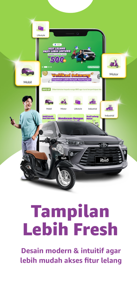 IBID - Balai Lelang Astra - IBIDアストラ車のバイクオークションのためのモダンなデザインを示すIBIDのオークションアプリのモバイルインターフェイス。