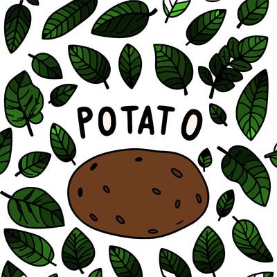 it says potato with leaves as the background