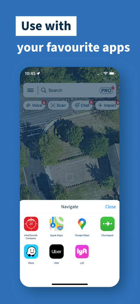 what3words app interface showing integration with popular navigation and ride sharing apps like Google Maps and Uber