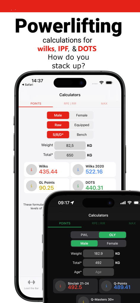 Bar Is Loaded - Gym Calculator - Interface of the Bar Is Loaded app showing powerlifting score calculators for Wilks, DOTS, and Sinclair metrics