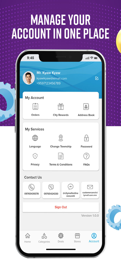 City Mall Online - Konto-Bildschirm der City Mall Online App, der Benutzerprofil, Prämien, Bestellverlauf und Kontaktoptionen anzeigt