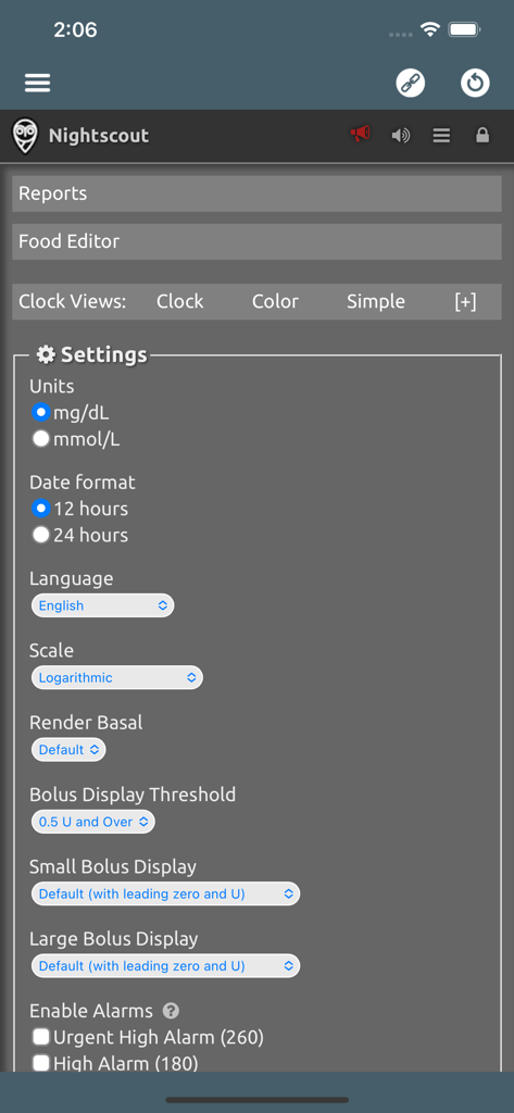 Settings screen of the Nightscout X app showing glucose units and alarm configuration options