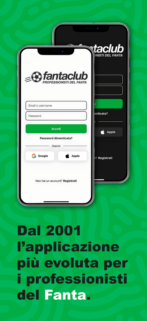 Fantaclub - Schermata di login dell'app mobile Fantaclub che mostra opzioni di login via email e social.