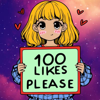 a girl holding a sign saying 100 likes please