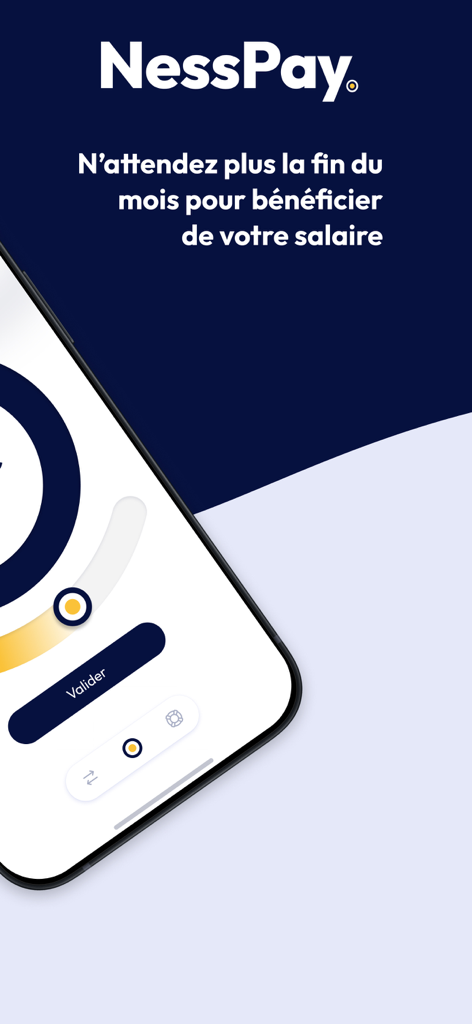 Application Nesspay sur un smartphone montrant l'interface d'accès anticipé au salaire
