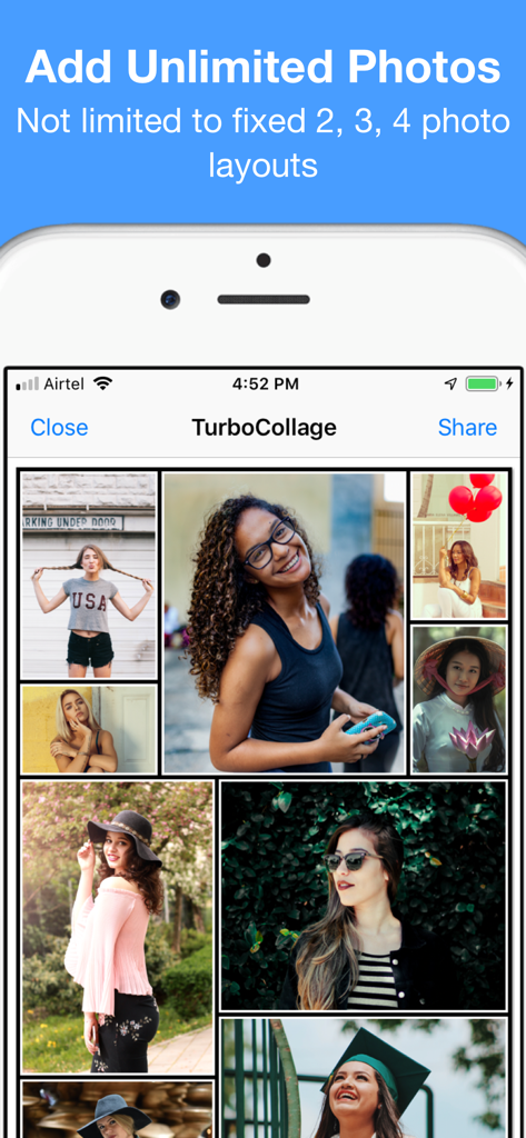 TurboCollage app interface showing a custom photo collage with unlimited images in a varied grid layout.