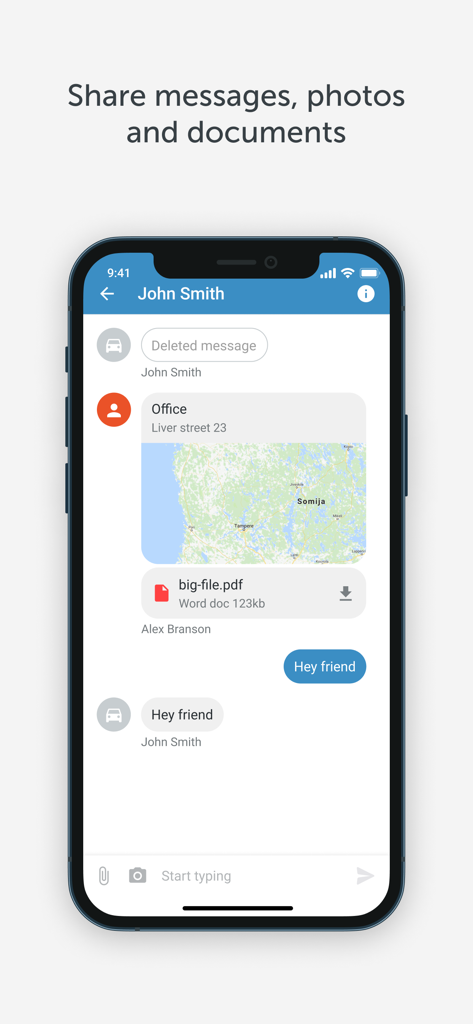 FMC - Messaging interface of the FMC fleet management app showing shared locations and files between team members.