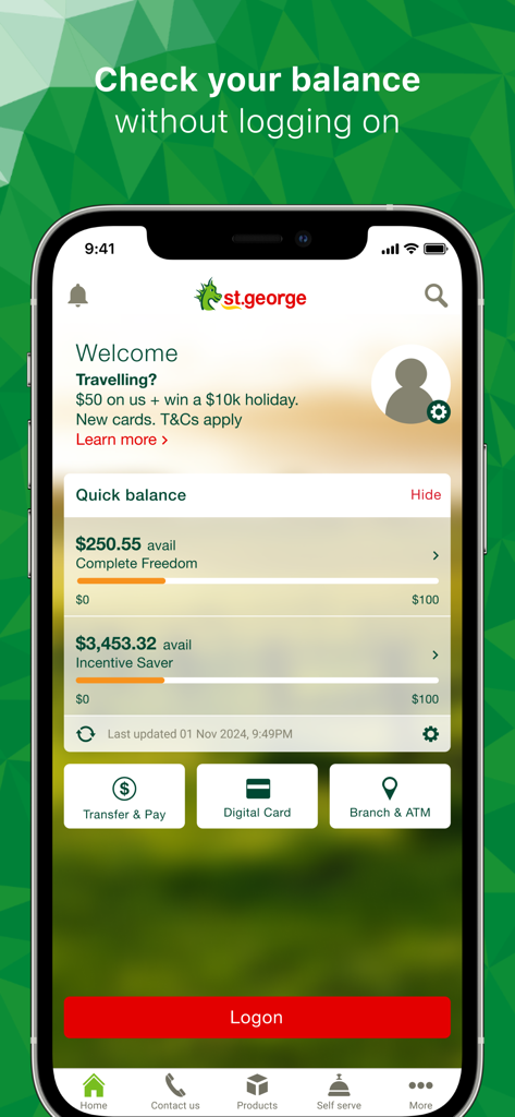 St George mobile banking app interface showing quick balance feature without logging on