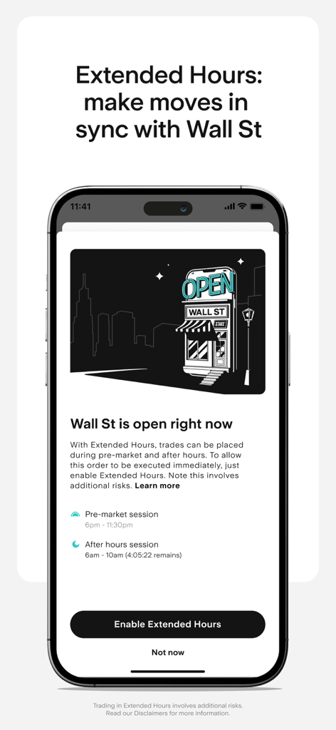 Écran de l'application mobile Stake montrant la fonctionnalité de négociation après les heures normales pour les actions de Wall Street.