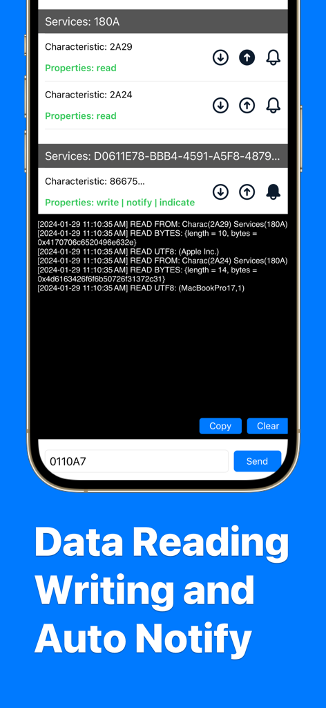 A screenshot of the Bluetooth Debugger app showing a log of read and write operations from a connected device including hex data and characteristic information