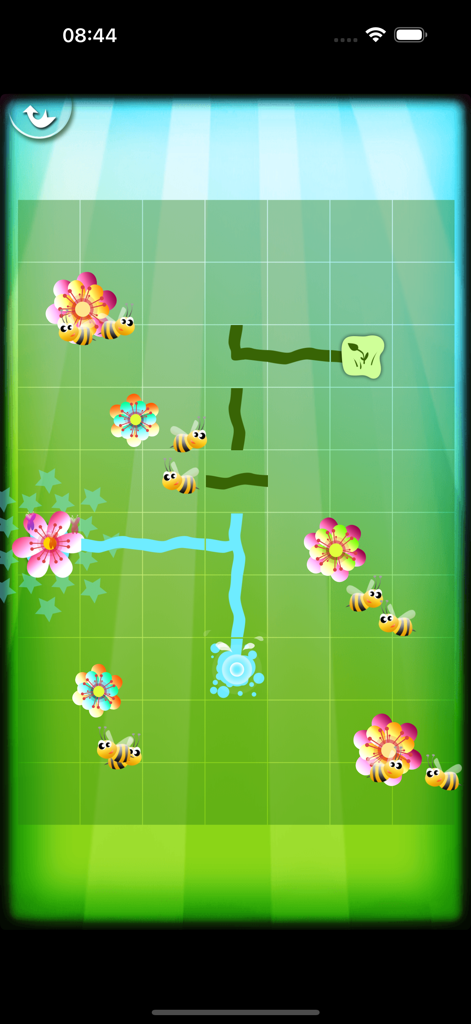 Magic Garden with Letters - Logic puzzle gameplay showing flowers bees and water pipes on a grid