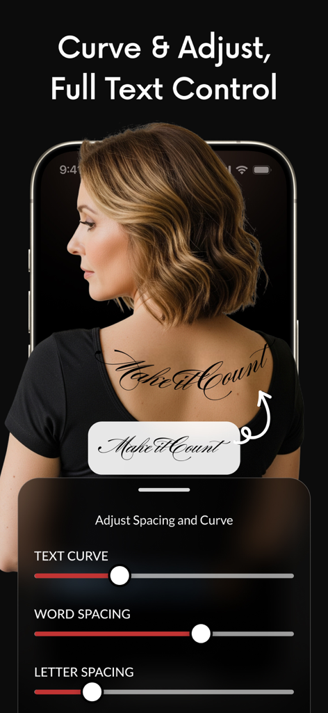 InkUp - AI Lettering tattoo - Interface showing text curve and spacing adjustments for a script tattoo on a woman's back in the InkUp app.
