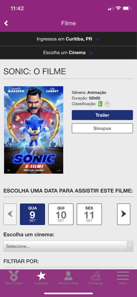 Cineplus - Écran de l'application Cineplus affichant les détails du film et les options de réservation de billets pour Sonic le film
