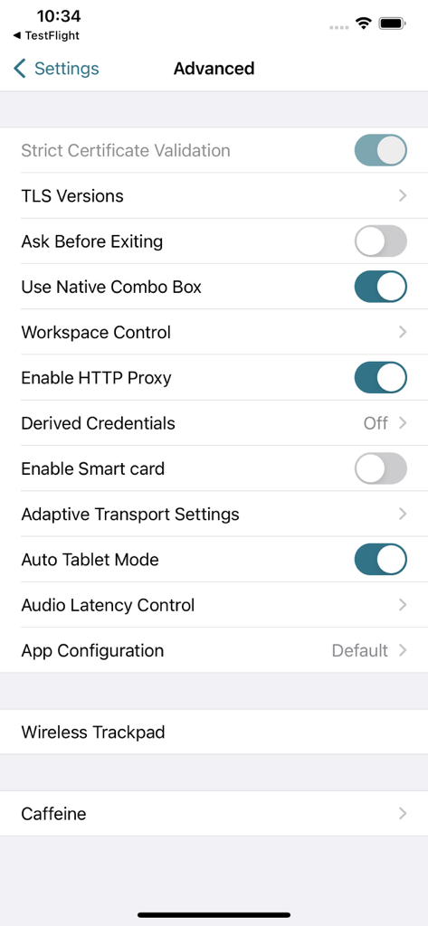 Citrix Workspace - Citrix Workspace モバイルアプリの「詳細設定」画面。セキュリティと構成オプションが表示されています。