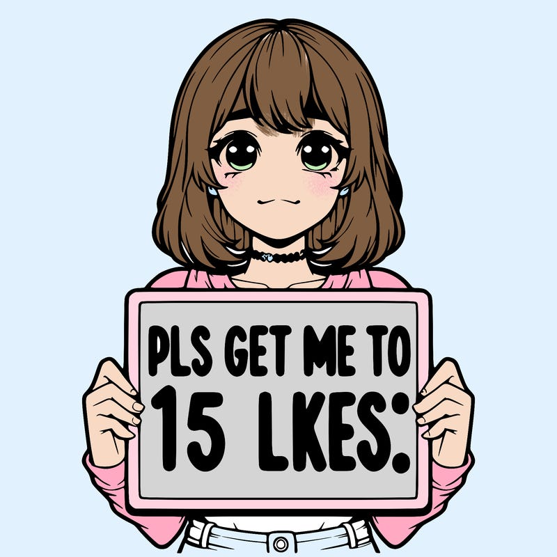 realistic girl holding up a sign that says “pls get me to 15 likes!”