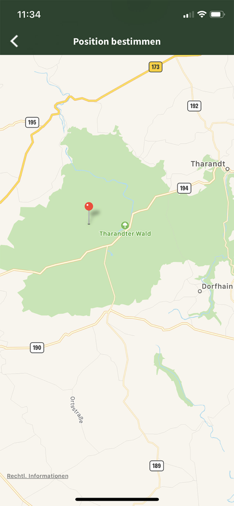 PilzSnap - Pilze sammeln! - Schermata della mappa con un segnaposto che indica una posizione salvata per la raccolta funghi