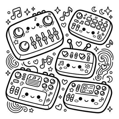 Discover the cutest electronic music devices with our Kawaii Guitar Synthesizer coloring page. Perfect for music lovers and kawaii art fans, this design brings joy to every stroke of color.