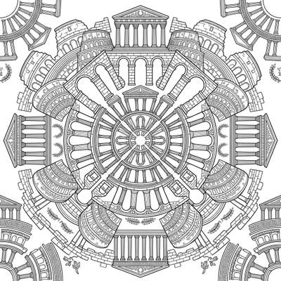 Uncover the grandeur of ancient Rome with this exquisite Roman Ruins Mandala coloring page. Its intricate design, featuring iconic historical structures, offers a unique and engaging artistic experience.