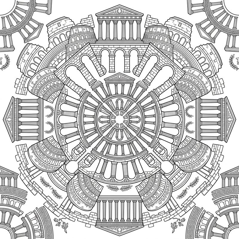 Uncover the grandeur of ancient Rome with this exquisite Roman Ruins Mandala coloring page. Its intricate design, featuring iconic historical structures, offers a unique and engaging artistic experience.